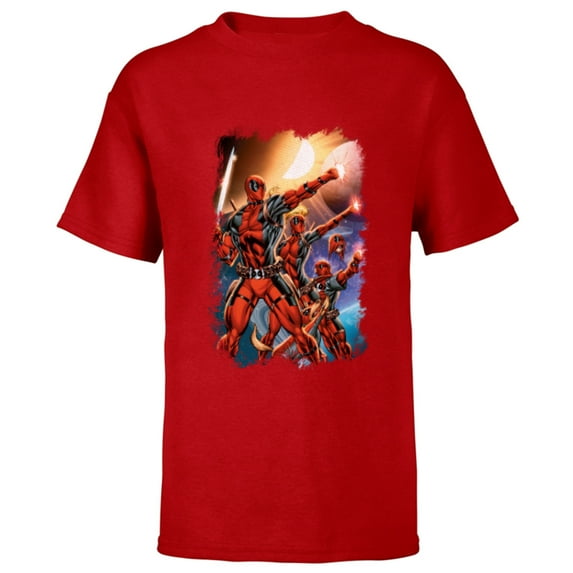 Marvel Deadpool Family Space Squad Distressed Comic Art- Short Sleeve T-Shirt for Kids - Customized-Red