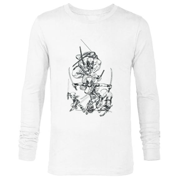 Marvel Deadpool Family Swords Comic Pencil Line Sketch Art- Long Sleeve T-Shirt for Men - Customized-White