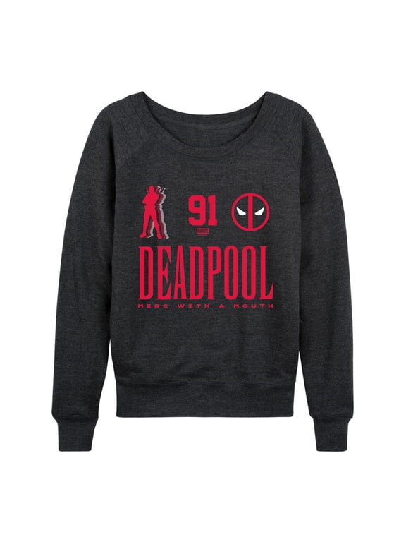 - Deadpool Jersey Women's Lightweight French Terry Wide Neck Long Sleeve Graphic Shirt