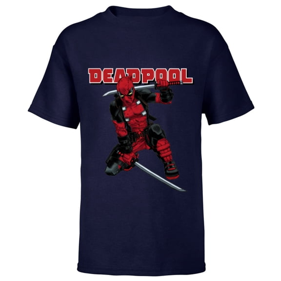 Marvel Deadpool Katana Pose Mercs for Money Comic Cover Art - Short Sleeve T-Shirt for Kids - Customized-Navy
