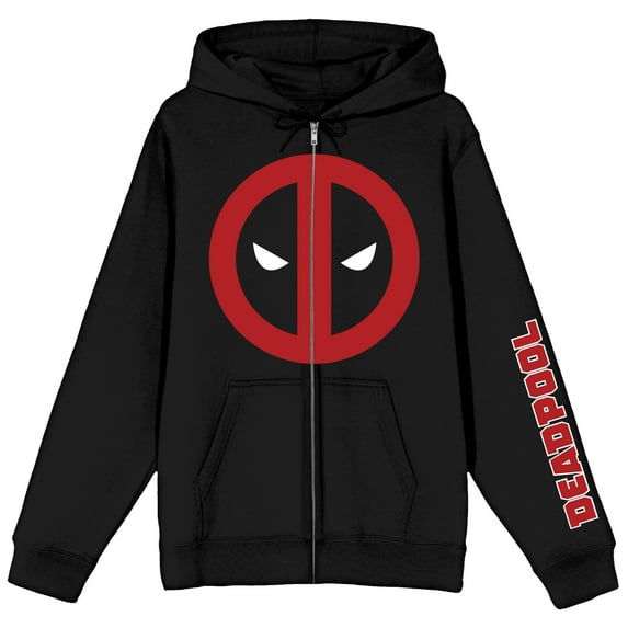 Marvel Deadpool Mask Logo Long Sleeve Black Unisex Adult Zip-Up Hoodie-Large