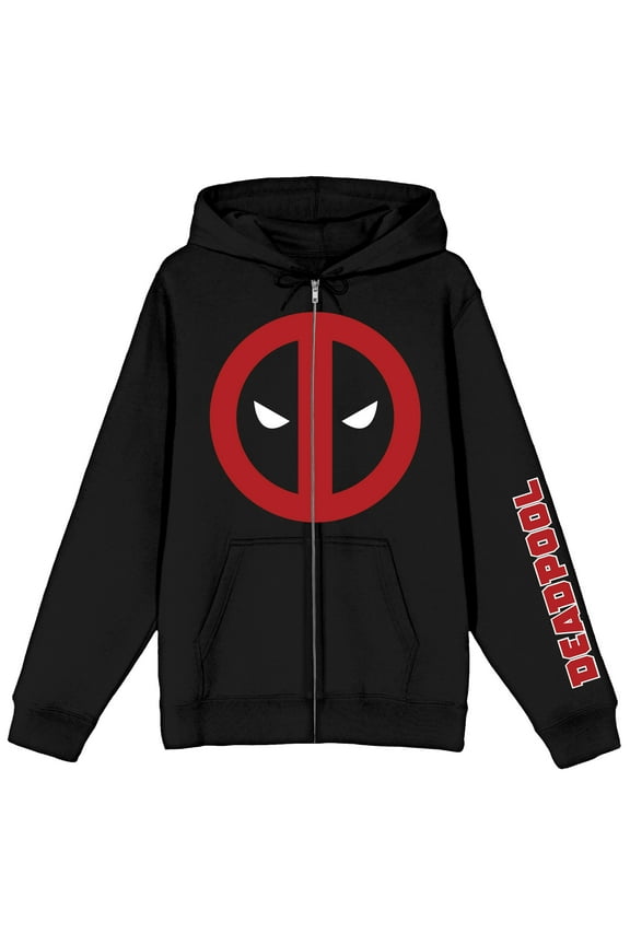 Marvel Deadpool Mask Logo Long Sleeve Black Unisex Adult Zip-Up Hoodie-Small