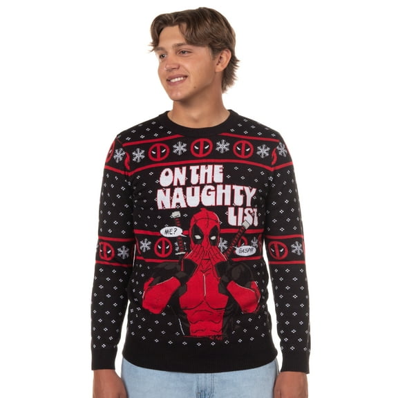 Marvel Deadpool Men's On The Naughty List Ugly Christmas Pullover Crewneck Sweater