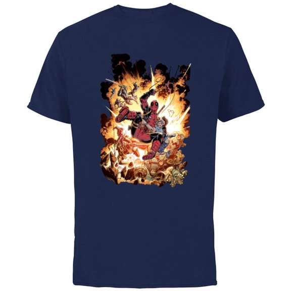 Marvel Deadpool Super Hero Comic Art ‘Splodey Battle - Short Sleeve Cotton T-Shirt for Adults - Customized-Navy