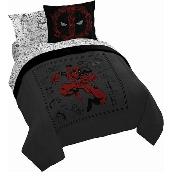 Marvel Deadpool Wanted 7 Piece Queen Size Bed Set with Shams