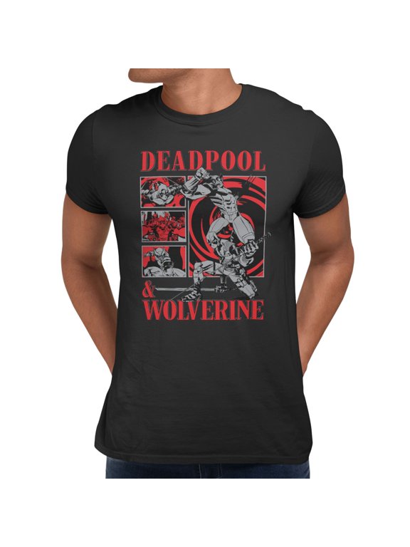 Deadpool & Wolverine Action Poses with Comic Panels Men's T Shirt (Black, S-XXXL)