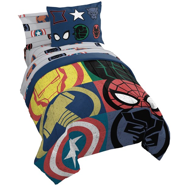 Marvel Emblem 7 Piece Kids Queen Bed Set, 100% Microfiber, Multi-color ...