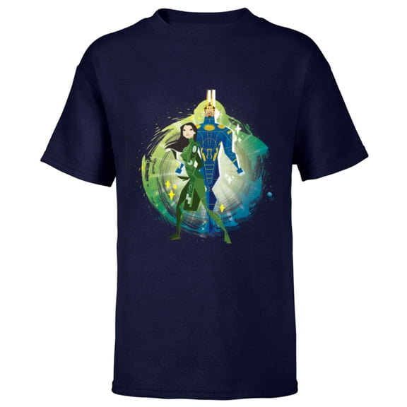 Marvel Eternals Stylized Cartoon Sersi and Ikaris - Short Sleeve T-Shirt for Kids - Customized-Navy