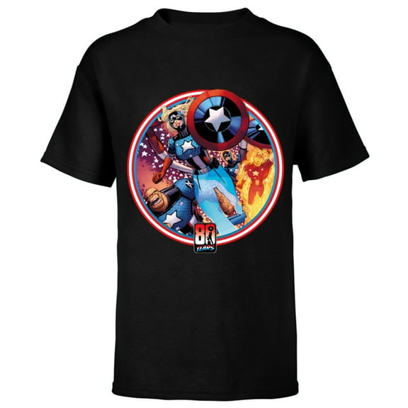 Marvel Fantastic Four Cap America 80th Anniversary Covers Standard - Short Sleeve T-Shirt for Kids – Customized-Black