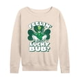 thumbnail image 1 of Marvel - Feelin Lucky Bub Women's Lightweight French Terry Wide Neck Long Sleeve Graphic Shirt, 1 of 4