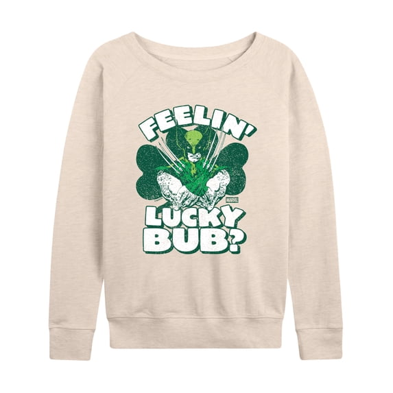 Marvel - Feelin Lucky Bub Women's Lightweight French Terry Wide Neck Long Sleeve Graphic Shirt