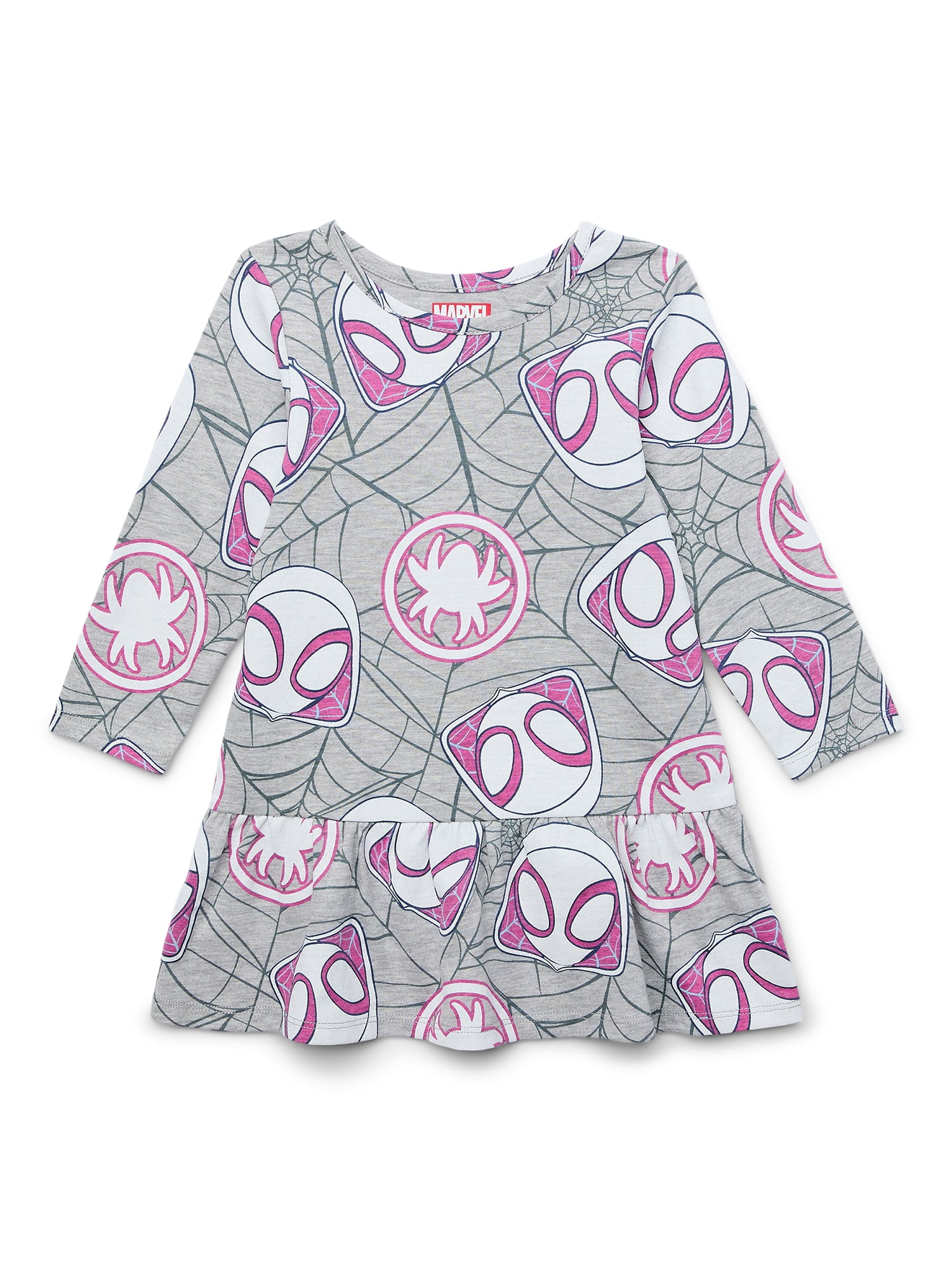 Marvel Ghost Spider Toddler Girl Long Sleeve Drop Waist All Over Print Dress, Sizes 12M-5T