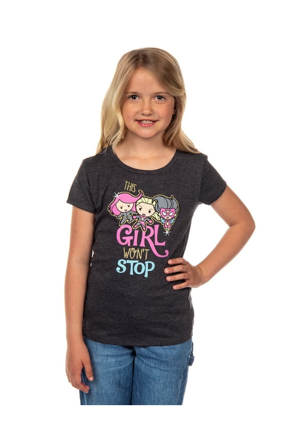 Marvel Girls' This Girl Won't Stop Chibi Superheroes Glitter Kids T-Shirt