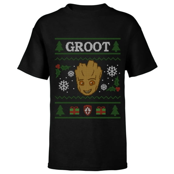 Marvel Groot Guardians of the Galaxy Ugly Christmas Sweater - Short Sleeve T-Shirt for Kids - Customized-Black
