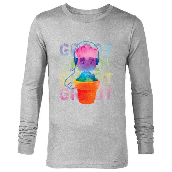 Marvel Groot Headphones & Flowerpot Rainbow Colors - Long Sleeve T-Shirt for Men - Customized-Athletic Heather