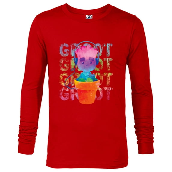 Marvel Groot Headphones & Flowerpot Rainbow Colors - Long Sleeve T-Shirt for Men - Customized-New Red