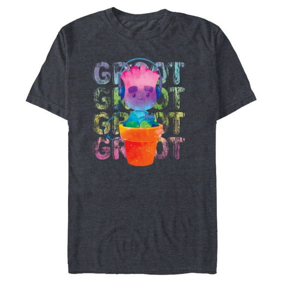 Marvel Groot Headphones & Flowerpot Rainbow Colors - Short Sleeve Blended T-Shirt for Adults - Customized-Navy Heather