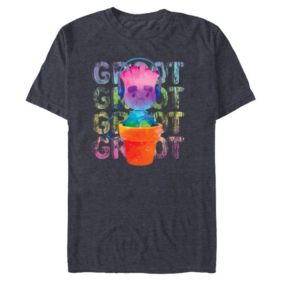 Marvel Groot Headphones & Flowerpot Rainbow Colors - Short Sleeve Blended T-Shirt for Adults - Customized-Navy Heather