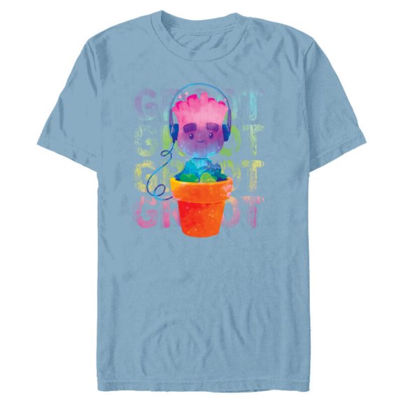 Marvel Groot Headphones & Flowerpot Rainbow Colors - Short Sleeve Blended T-Shirt for Adults - Customized-Ocean Blue