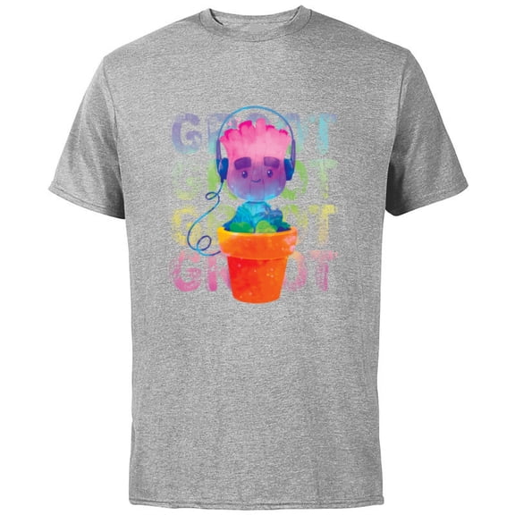 Marvel Groot Headphones & Flowerpot Rainbow Colors - Short Sleeve Cotton T-Shirt for Adults - Customized-Athletic Heather