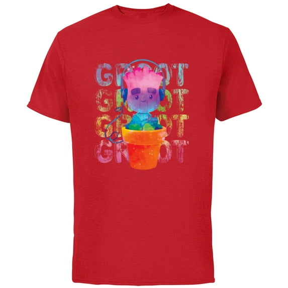 Marvel Groot Headphones & Flowerpot Rainbow Colors - Short Sleeve Cotton T-Shirt for Adults - Customized-Red