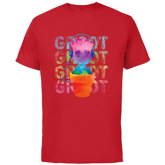 Marvel Groot Headphones & Flowerpot Rainbow Colors - Short Sleeve Cotton T-Shirt for Adults - Customized-Red