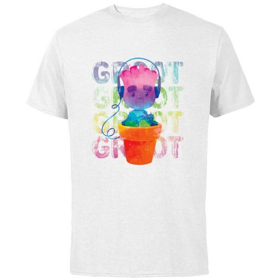 Marvel Groot Headphones & Flowerpot Rainbow Colors - Short Sleeve Cotton T-Shirt for Adults - Customized-White