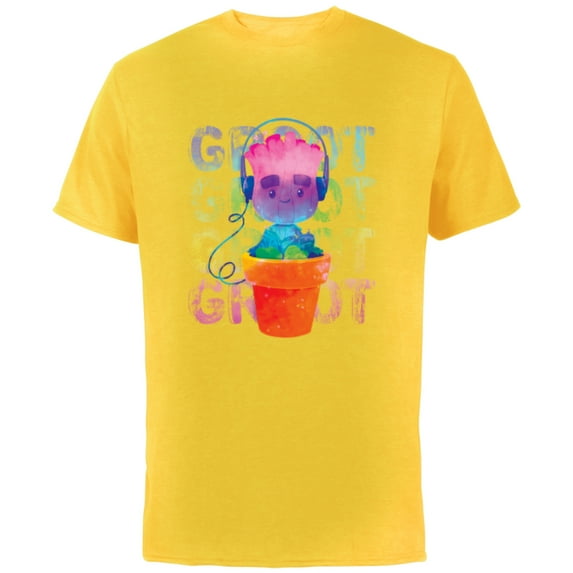 Marvel Groot Headphones & Flowerpot Rainbow Colors - Short Sleeve Cotton T-Shirt for Adults - Customized-Yellow