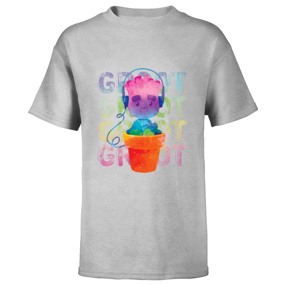 Marvel Groot Headphones & Flowerpot Rainbow Colors - Short Sleeve T-Shirt for Kids - Customized-Athletic Heather