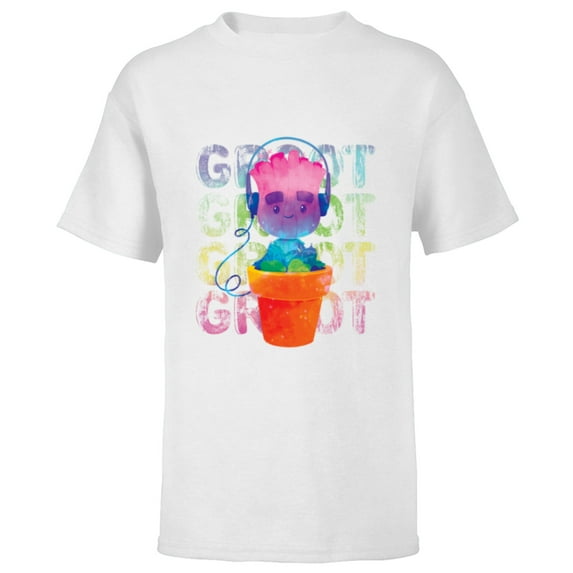 Marvel Groot Headphones & Flowerpot Rainbow Colors - Short Sleeve T-Shirt for Kids - Customized-White