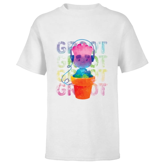 Marvel Groot Headphones & Flowerpot Rainbow Colors - Short Sleeve T-Shirt for Kids - Customized-White