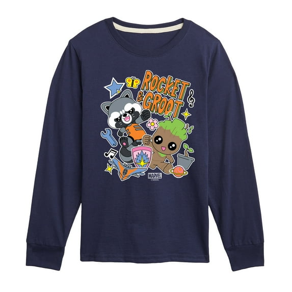 Marvel Guardians of the Galaxy - Groot And Rocket Sticker Styles - Toddler And Youth Long Sleeve Graphic T-Shirt