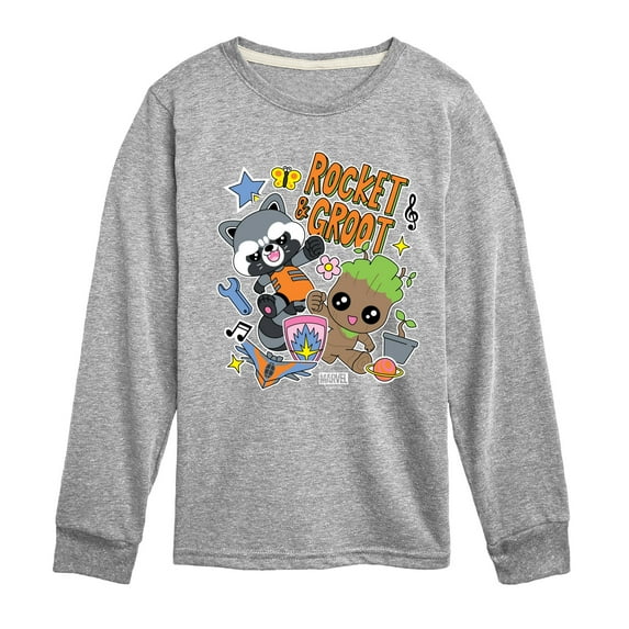 Marvel Guardians of the Galaxy - Groot And Rocket Sticker Styles - Toddler And Youth Long Sleeve Graphic T-Shirt