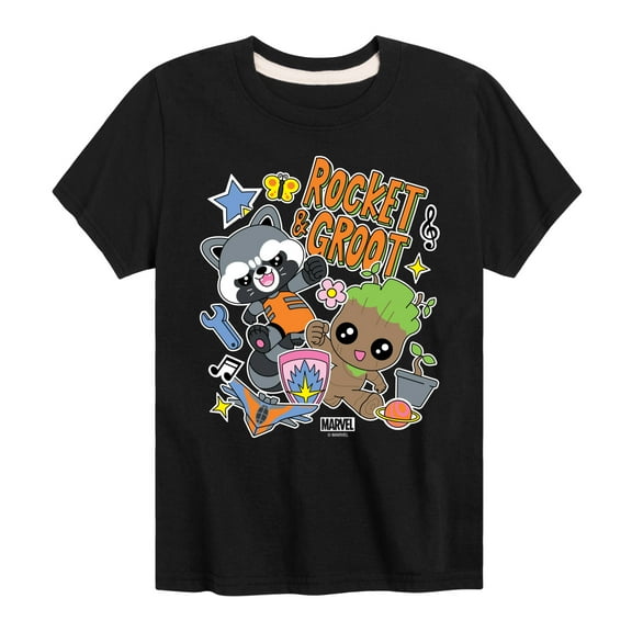 Marvel Guardians of the Galaxy - Groot And Rocket Sticker Styles - Toddler And Youth Short Sleeve Graphic T-Shirt