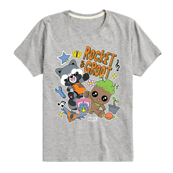 Marvel Guardians of the Galaxy - Groot And Rocket Sticker Styles - Toddler And Youth Short Sleeve Graphic T-Shirt