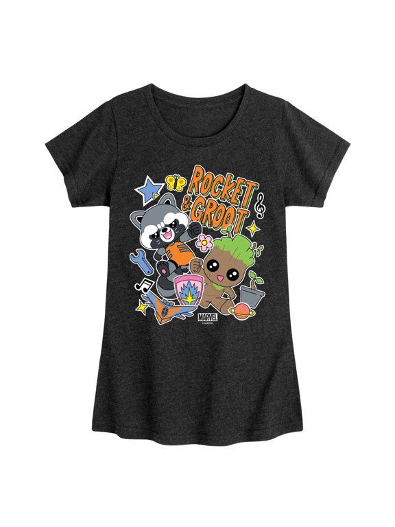 Guardians of the Galaxy - Groot And Rocket Stickers - Toddler And Youth Girls Fitted Short Sleeve Graphic T-Shirt