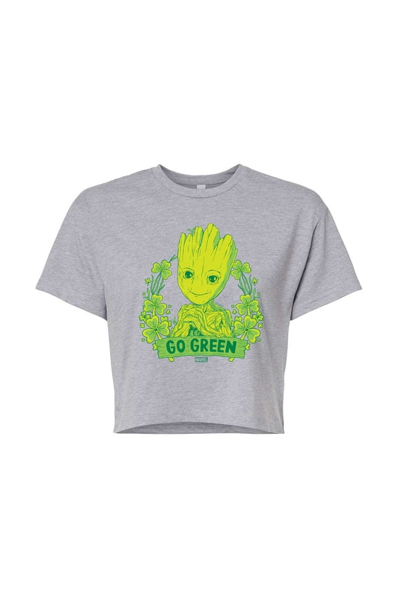 Guardians of the Galaxy - Groot Go Green St. Patrick's Day - Juniors Cropped Graphic T-Shirt