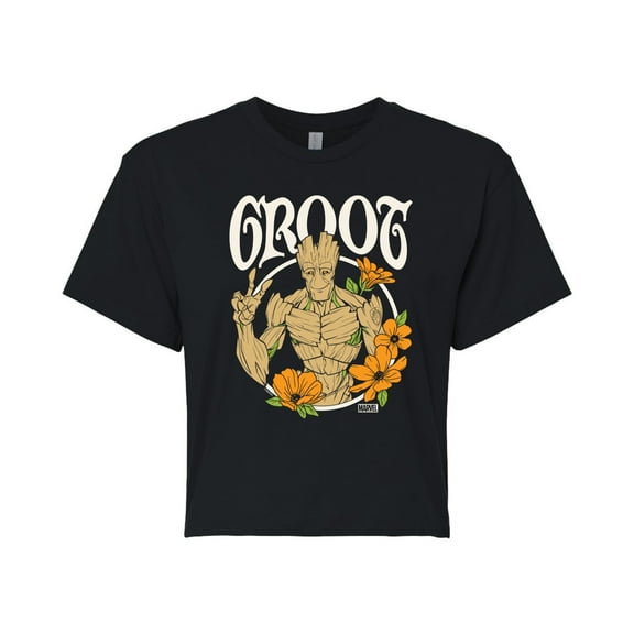 Marvel Guardians of the Galaxy - Groot Peace Flowers - Juniors Cropped Graphic T-Shirt