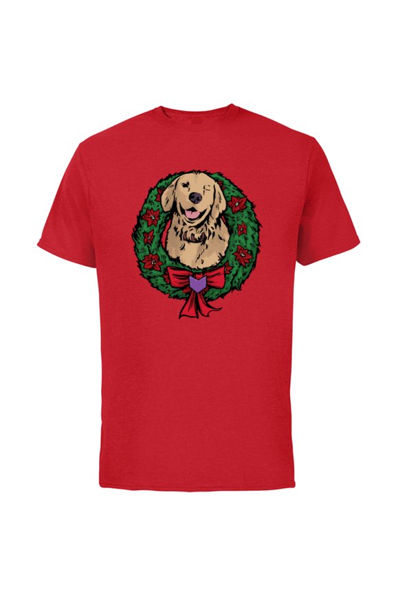 Hawkeye Lucky the Pizza Dog Holiday Wreath - Short Sleeve Cotton T-Shirt for Adults - Customized-Red