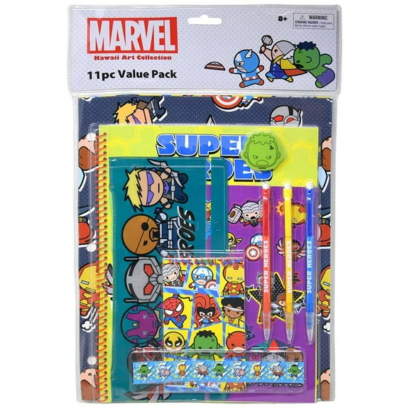 Marvel Heroes Kawaii 11pc Value Pack with Plastic Pencil Case in PVC Bag with Header