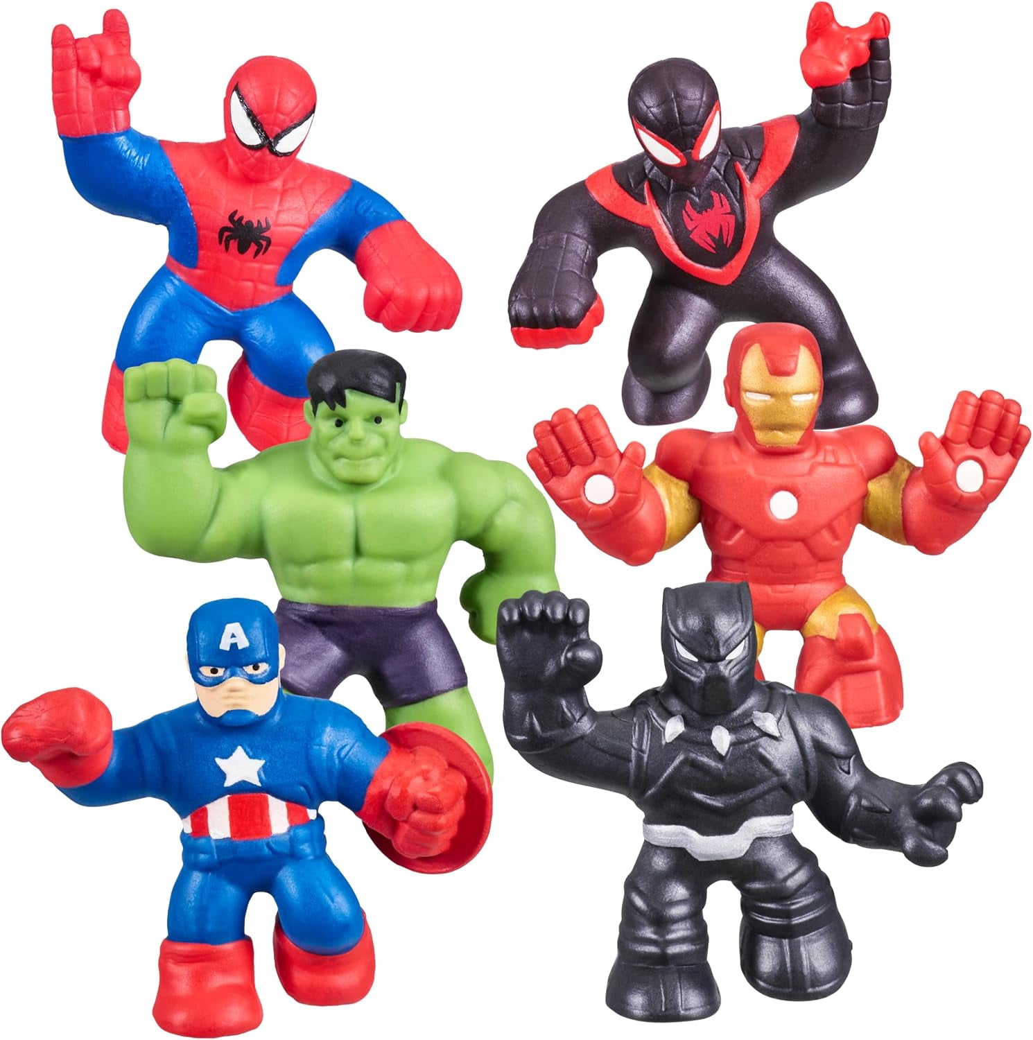 Heroes of Goo Jit Zu Marvel Mega Mini 6-Pack Super Stretchy & Squishy Mini Heroes Iron Man, Spider-Man, Captain America, Miles Morales, Hulk & Black Panther