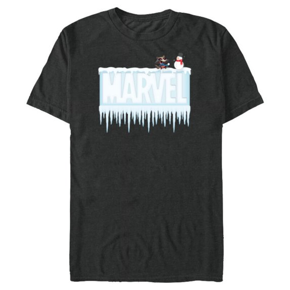 Marvel Holiday Snow Logo with Rocket Raccoon and Snowman - Short Sleeve Blended T-Shirt for Adults - Customized-Dark Heather