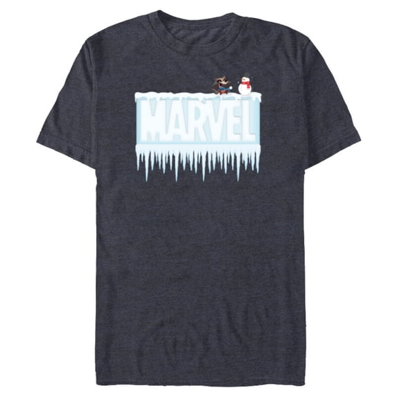 Marvel Holiday Snow Logo with Rocket Raccoon and Snowman - Short Sleeve Blended T-Shirt for Adults - Customized-Navy Heather