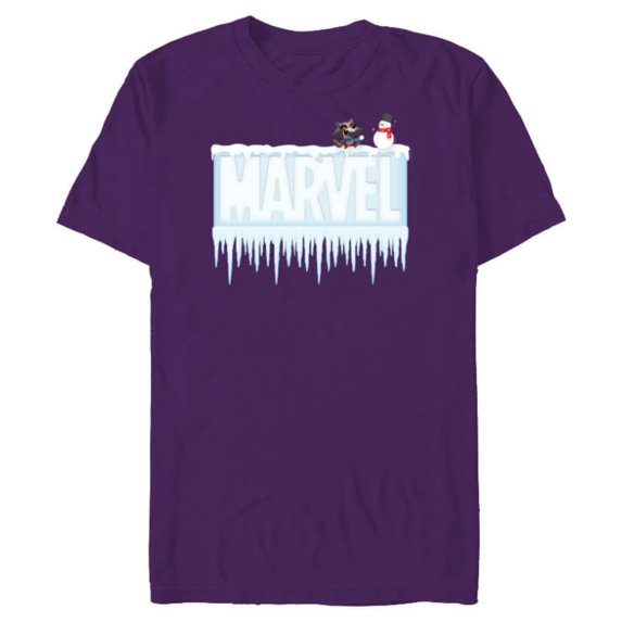 Marvel Holiday Snow Logo with Rocket Raccoon and Snowman - Short Sleeve Blended T-Shirt for Adults - Customized-Purple
