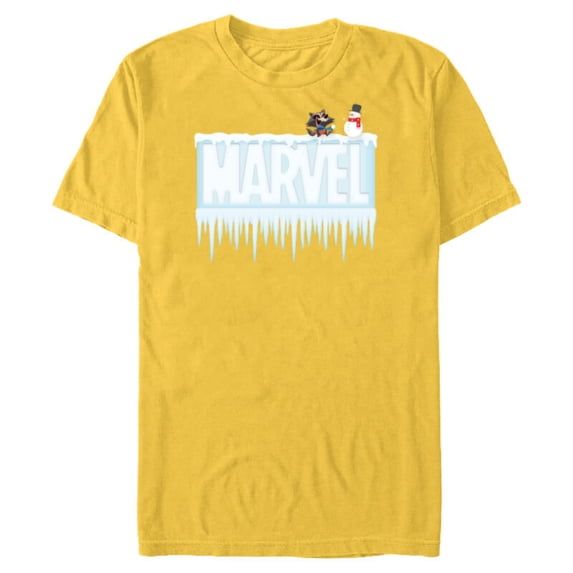 Marvel Holiday Snow Logo with Rocket Raccoon and Snowman - Short Sleeve Blended T-Shirt for Adults - Customized-Yellow