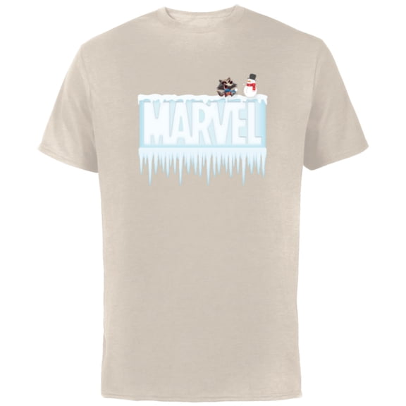 Marvel Holiday Snow Logo with Rocket Raccoon and Snowman - Short Sleeve Cotton T-Shirt for Adults - Customized-Natural