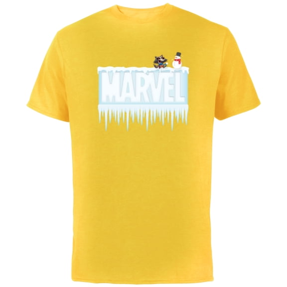 Marvel Holiday Snow Logo with Rocket Raccoon and Snowman - Short Sleeve Cotton T-Shirt for Adults - Customized-Yellow