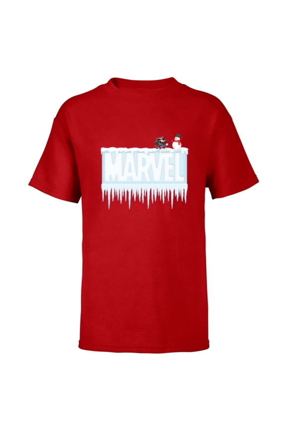 Holiday Snow Logo with Rocket Raccoon and Snowman - Short Sleeve T-Shirt for Kids - Customized-Red