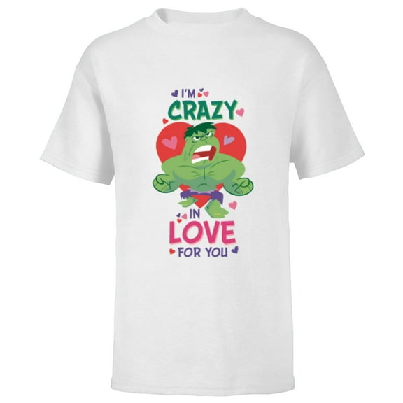 Marvel Hulk I’m Crazy in Love for You Valentine’s Day - Short Sleeve T-Shirt for Kids - Customized-White