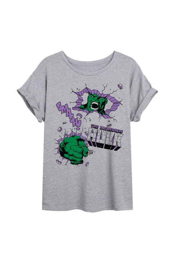 - Hulk Punch Wall - Juniors Oversized Graphic T-Shirt